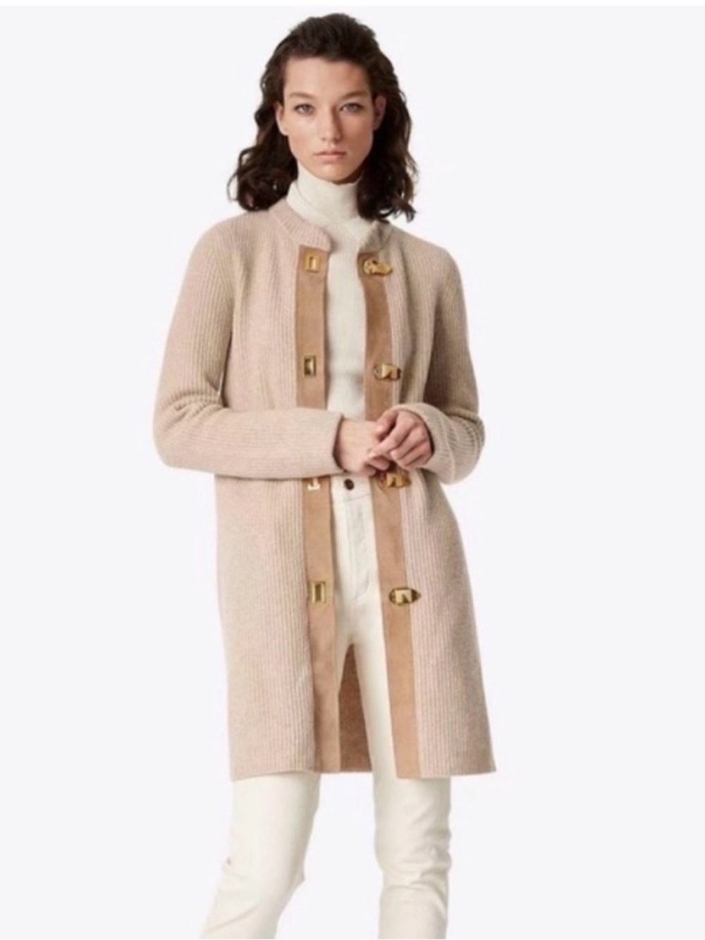 Tory Burch Long cardigan Open-Front Knit Cardigan with Toggle Closures - Cream